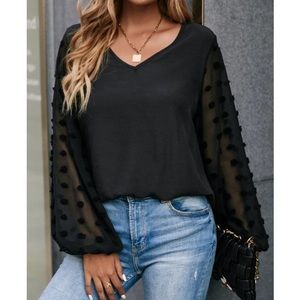 Black Swiss dot V neck blouse